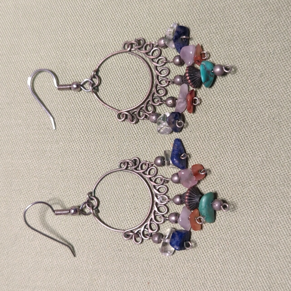 Vintage silver wire semi precious stone dangling hoop earrings